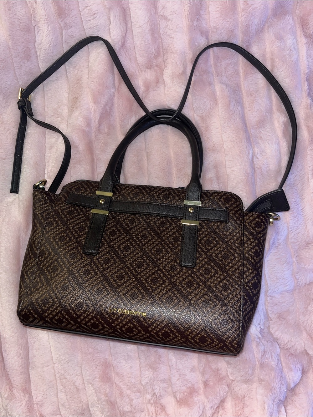 Liz Claiborne Brown Patterned Satchel with Black Trim
